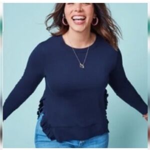 Stella & Dot Navy Slot Ruffle Side Pullover Soft Long Sleeve Hi-Lo Crew Neck